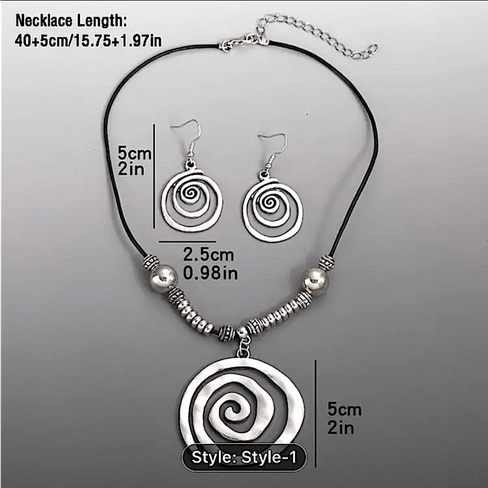 Boho Geometric Spiral Necklace Earrings Set - Picture 3 of 5